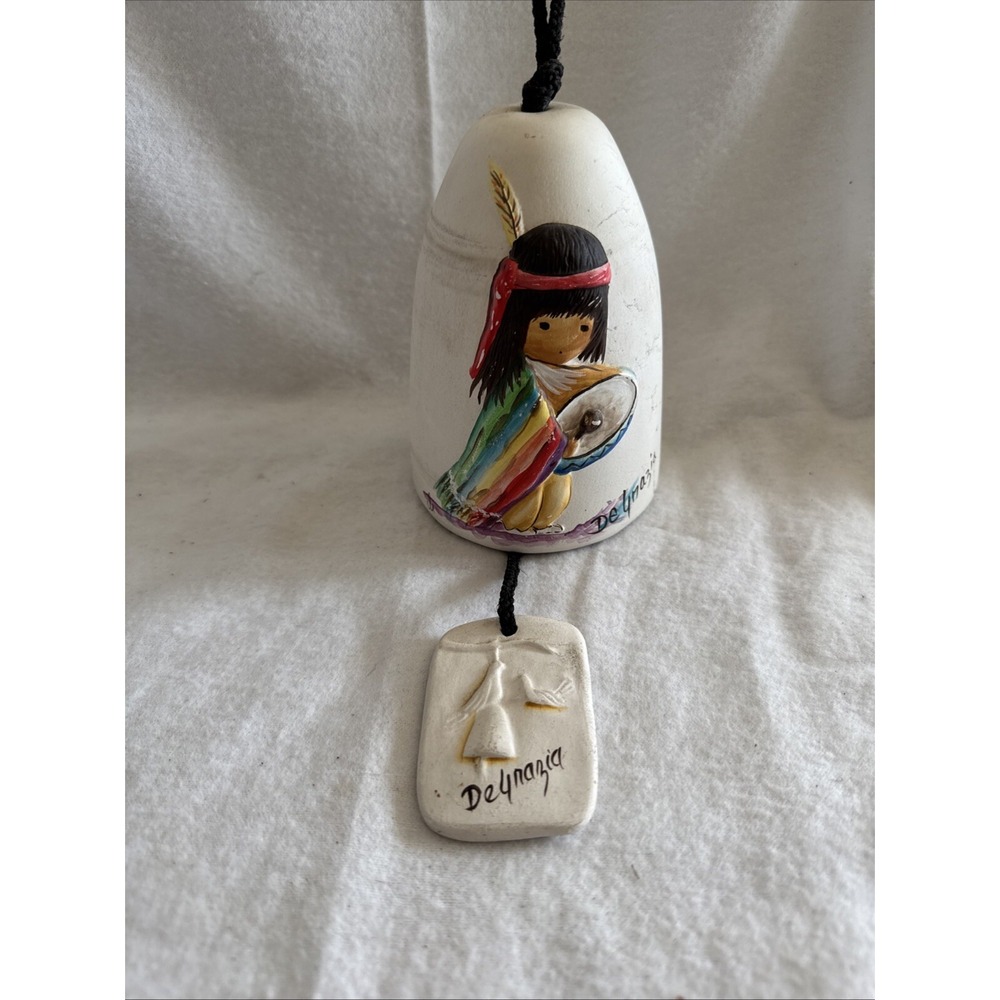Vintage De Grazia Signed Pottery Bell Wind Chime Hand Painted Indian with Drum